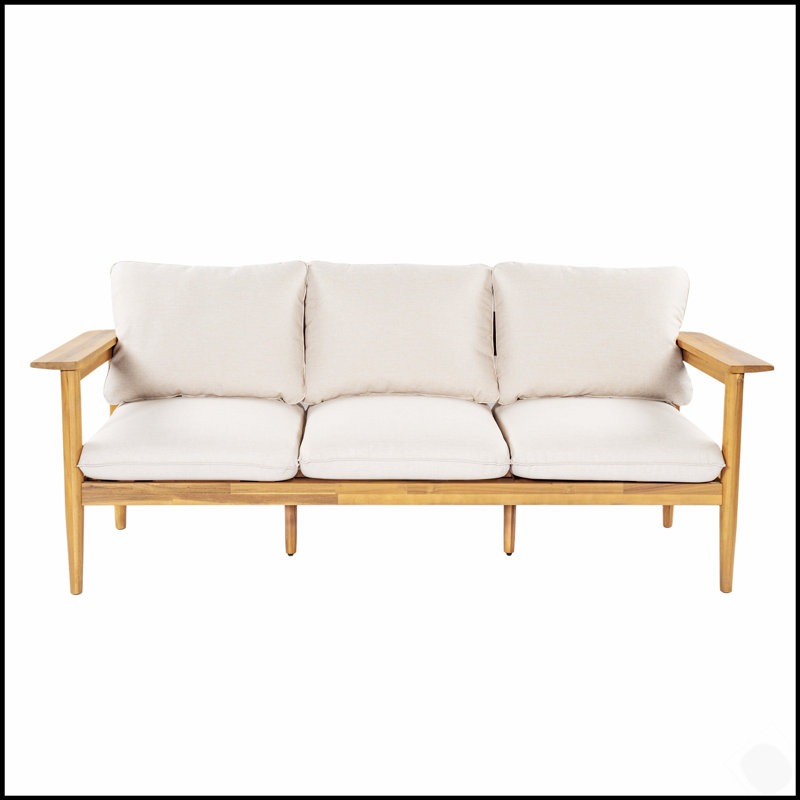 Canapé d'extérieur 3 places en bois d'acacia durable avec coussins beiges confortables, parfait pour la terrasse et le jardin