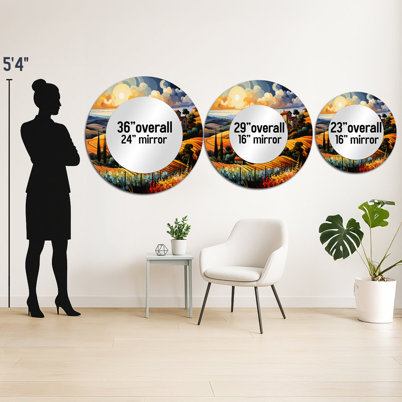 Italie, Toscane Vineyard V - miroir d'Italie, miroir mural rond traditionnel unique, impression d'art en métal, 23 po x 23 po