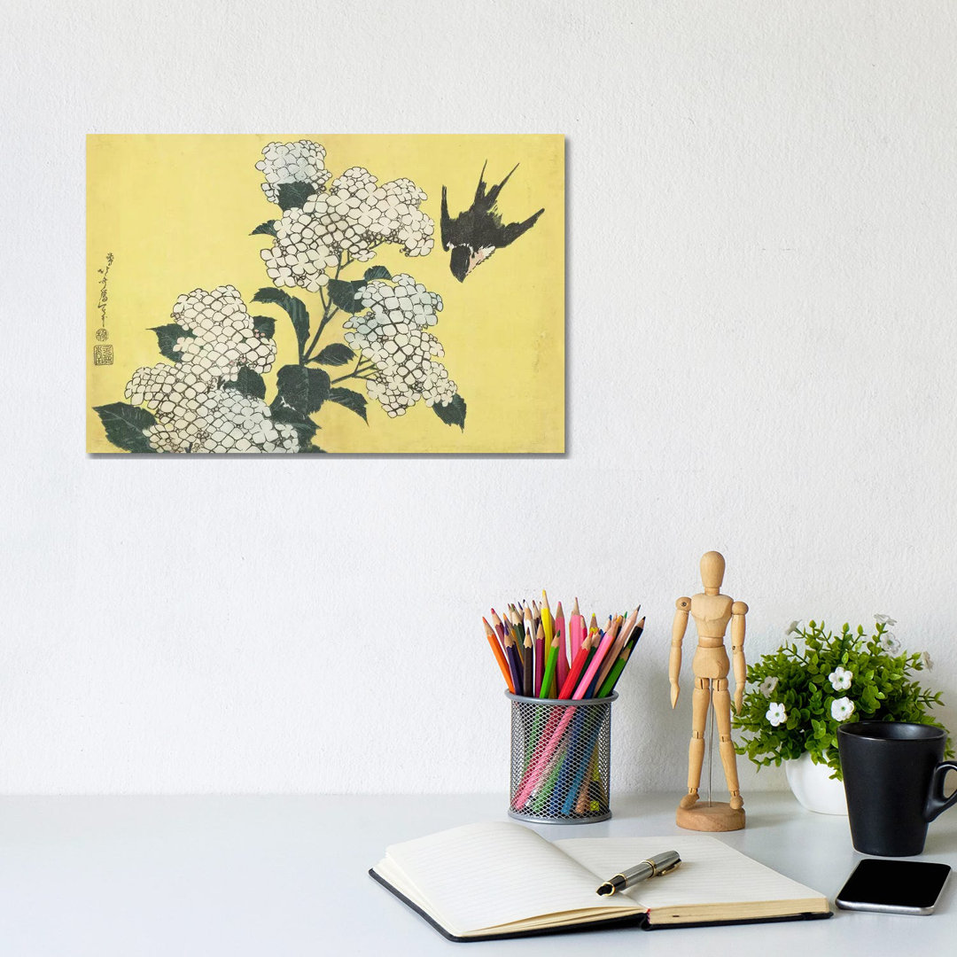 Hydrangea And Swallow, C by Katsushika Hokusai - Wrapped Canvas Print