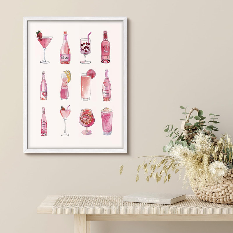 Petit cocktail rose avec illustration de boissons élégantes, H 14 po x l 11 po, Blanc
