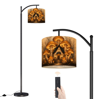  Arc Floor Lamp Cottage Surrounded by Large Orange Mushrooms Lanterns Fantasy Forest Tall Modern Standing Lamp LED Adjustable Linen Lampshade 3 Color Temperatures