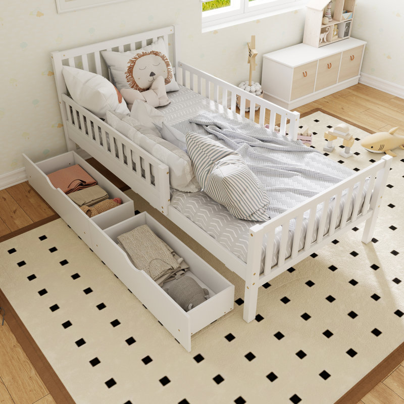 Lit plateforme en bois avec garde-corps des deux côtés de style minimaliste avec deux tiroirs de rangement et une tête de lit