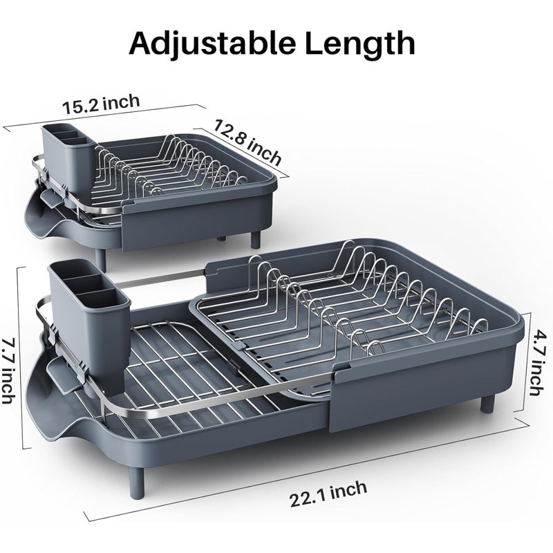 Expandable Dish Rack With Drainboard & Utensil Holder Grey