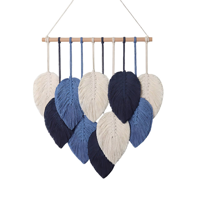 Macrame Leaf Wall Hanging with Wooden Rod, Handmade Boho Woven Tassel Tapestry for Bedroom, Living Room and Apartment Decor (Navy Blue)