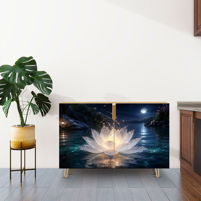 Buffet Buffet avec rangement Fleur de lotus blanche, effet flottant, eau scintillante avec 2 portes pour le salon et la cuisine