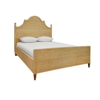 Bed Frame with Arched Headboard, Side Rails, and Footboard in Rattan with Wood Feet