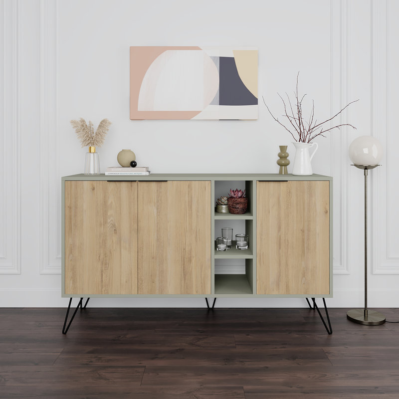 Jaycee 142 Cm Wide Sideboard | Stylish Storage Cabinet with Metal Hairpin Legs, Ash Green/Oak