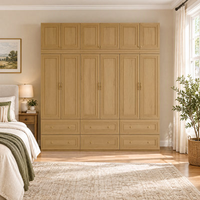 Armoire penderie de 94,5 po de largeur avec 6 portes, 6 tiroirs et tringles de suspension