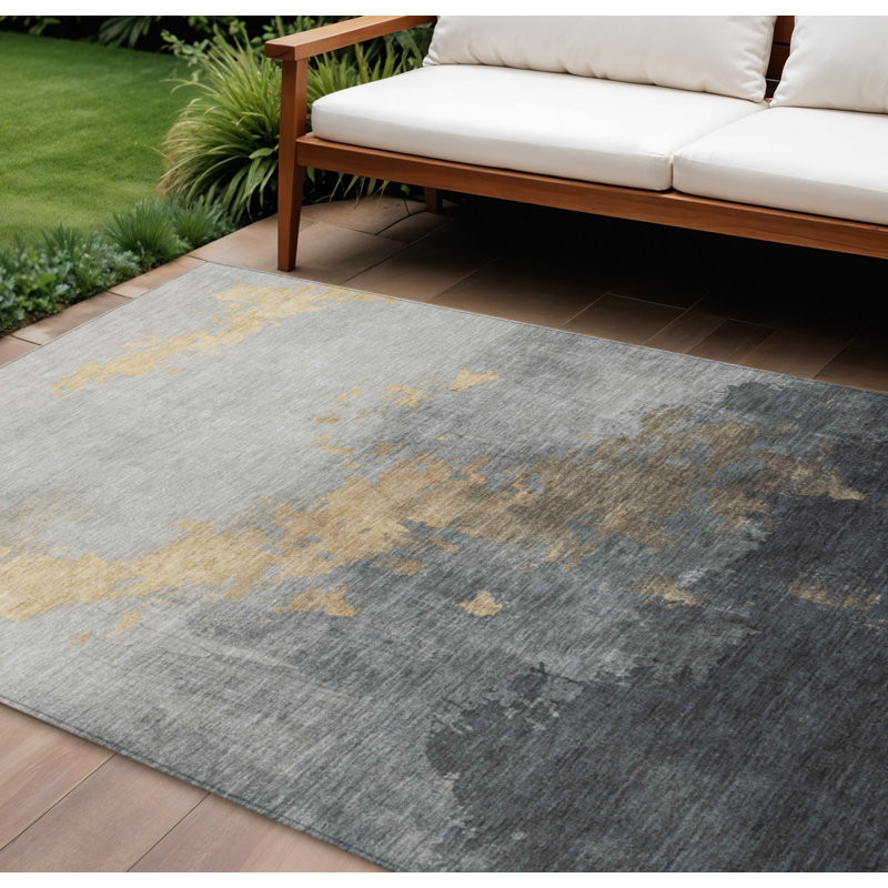 Tapis intérieur/extérieur lavable, motif abstrait or et anthracite, 3 m x 4,25 m