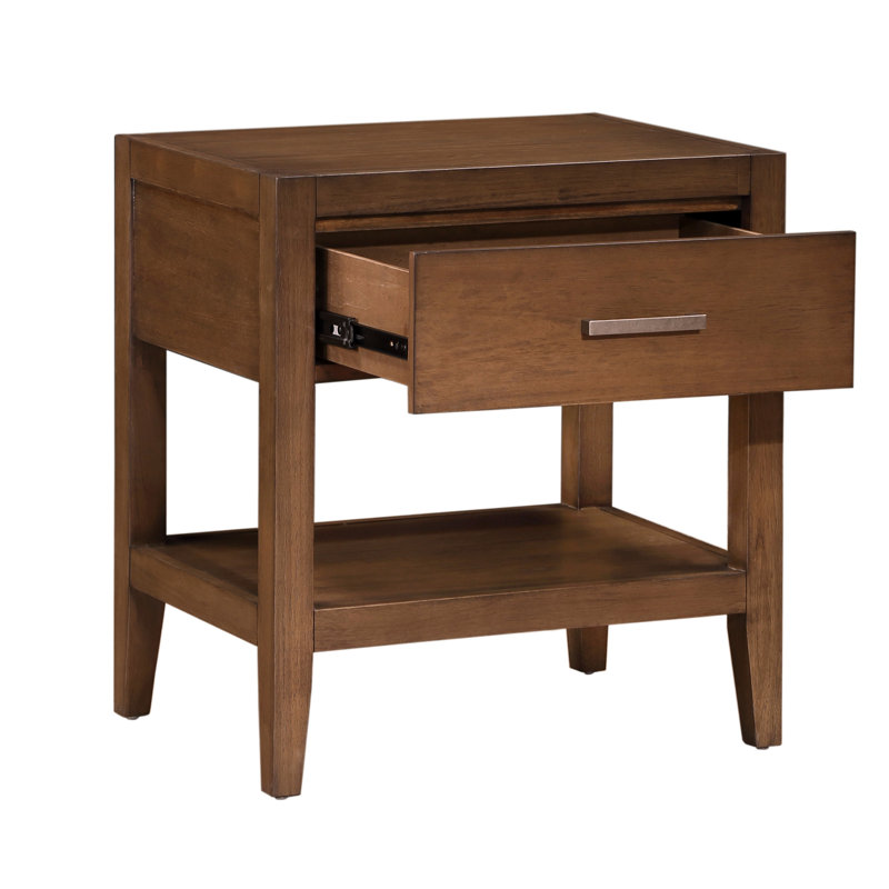 Table de chevet en bois brun avec glissières à roulement et tablette inférieure ouverte pour chambre à coucher de style transitionnel