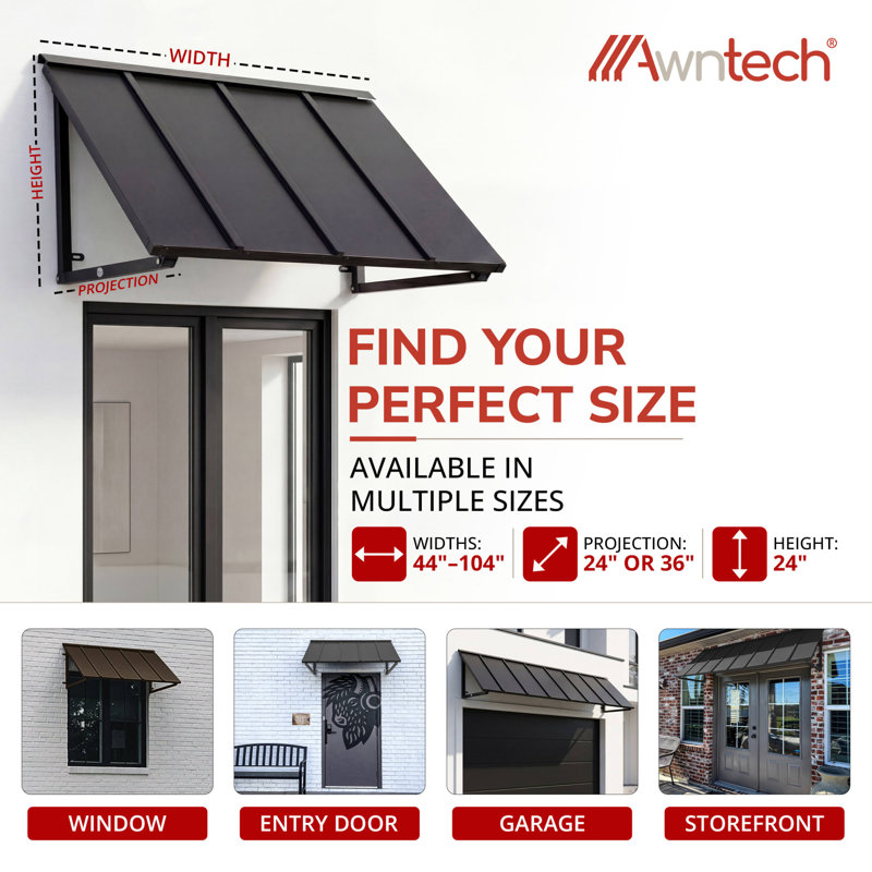 Awntech Houstonian Open-Side Fixed Awning, 44"W x 24"H x 36"D, Black, 24" H x 44" W x 36" D, Galvanized Steel, Black