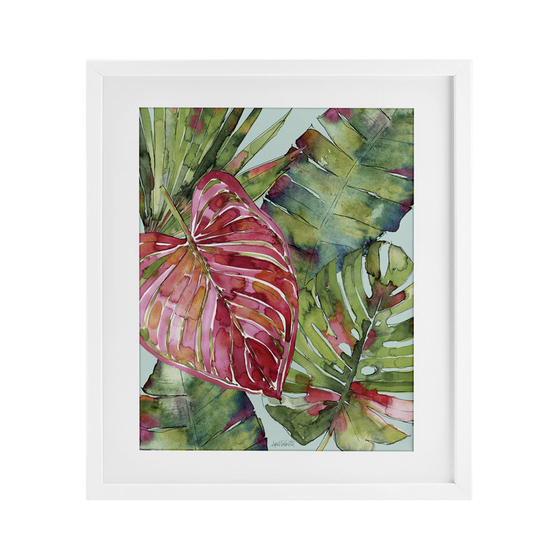Imprimé sous verre rose et vert Palm Springs, design par Anne Tavoletti, 21" H x 17" W, Cadre blanc côtier