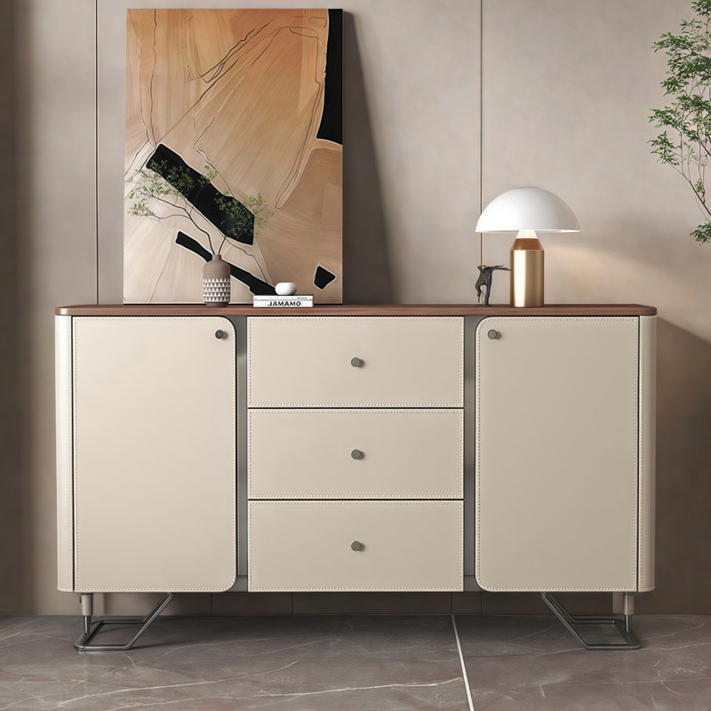 Buffet moderne en cuir avec rangement, Noyer / beige abricot / argent