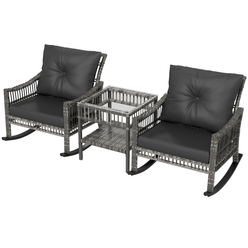Ensemble de chaises berçantes d'extérieur 3 pièces, chaises berçantes H 28 "avec coussins, table basse en verre H 19,3", gris