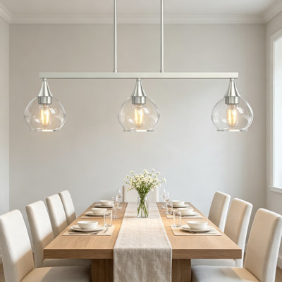 Kitchen Island Linear Pendant Light, Brushed Nickel Dining Room Chandelier with Clear Glass Globe Shades, Modern Three-Light Fixture for Table or Bar