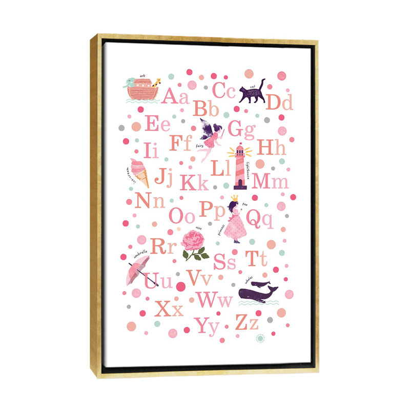 «Pink Girls Alphabet», reproduction d'impression, Toile encadrée d'or, H 60 po x l 40po x P 1,5 po, Pas de tapis