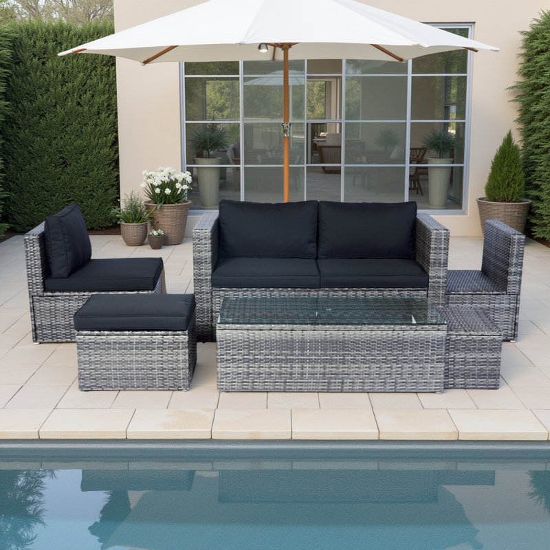 6-Piece Nesting Patio Set with Space-Saving Design, Steel Frame & Tempered Glass Table, Seating for 6