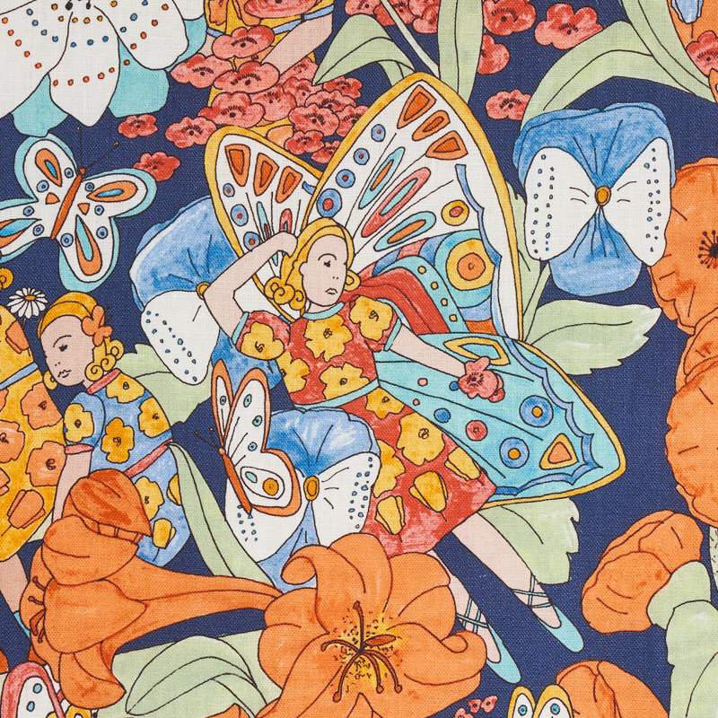 Tissu de jardin Schumacher x Clements Ribeiro, Orange / bleu marine