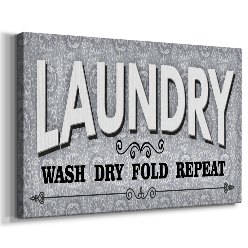 «Laundry Sign Wash» - Toile tendue avec châssis encadré - Prêt à accrocher, H 25 po x l 49 po, Doré