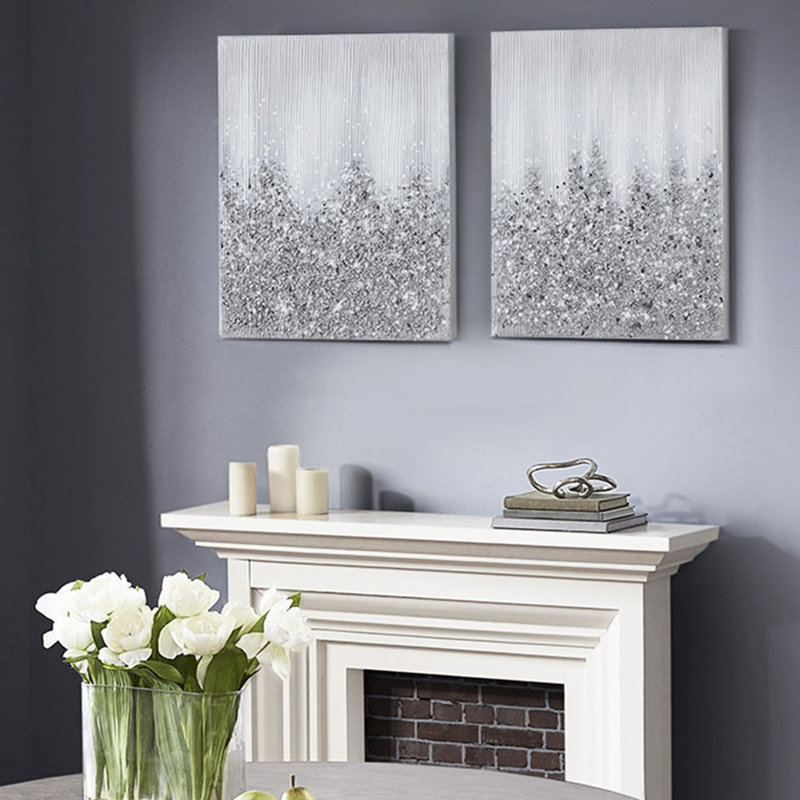 2 toiles abstraites, très décorées de paillettes et de pierres, peintes à la main, l 22 x H 28, art mural intérieur, détails,