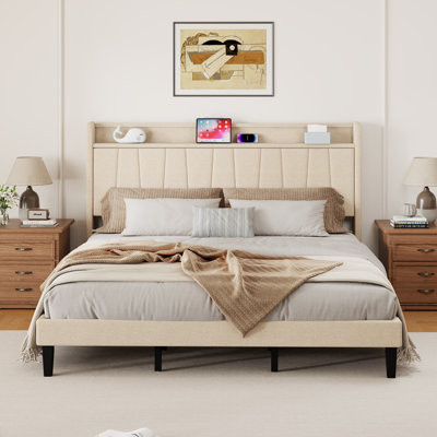 Upholstered Panel Bed with Storage Headboard