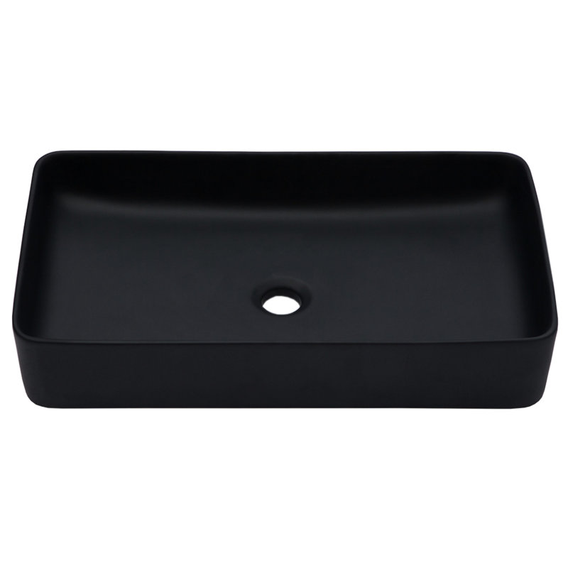 Rectangular Black Vessel Ceramic Bathroom Sink 24"X13.5", European Contemporary Style, Low Water Absorption, Smooth Surface, Above Counter Installation Inspired Finish, Setup