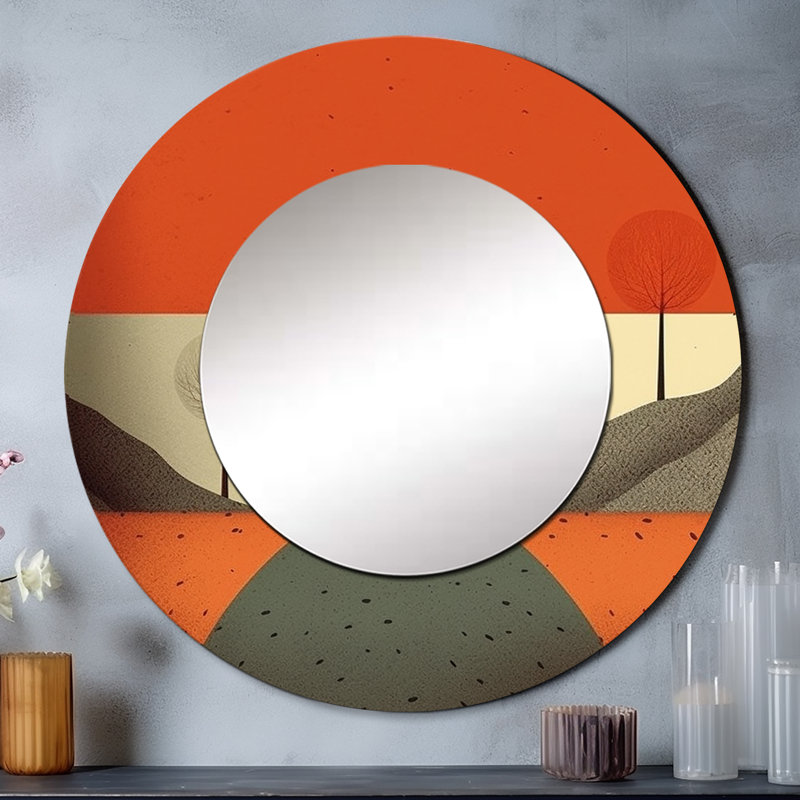 Minimalisme Solidate Landscape IV - miroir décoratif minimaliste, grand miroir mural rond orange, impression d'art en métal