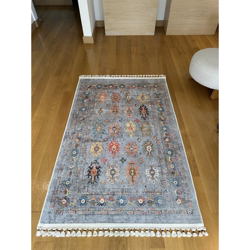 Coton imprimé marocain gris Toscana Tapis chenille antidérapant, Rectangle 3 pi 3 po x 11 pi 6 po