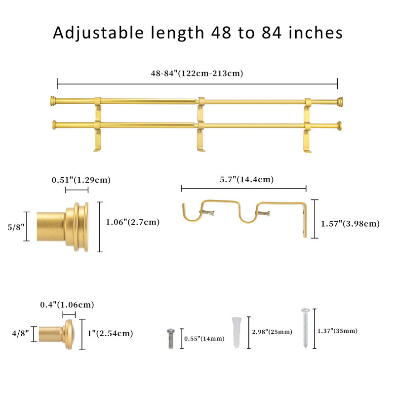 Tringle à rideaux double réglable en acier Kynley, 48" - 84", Doré