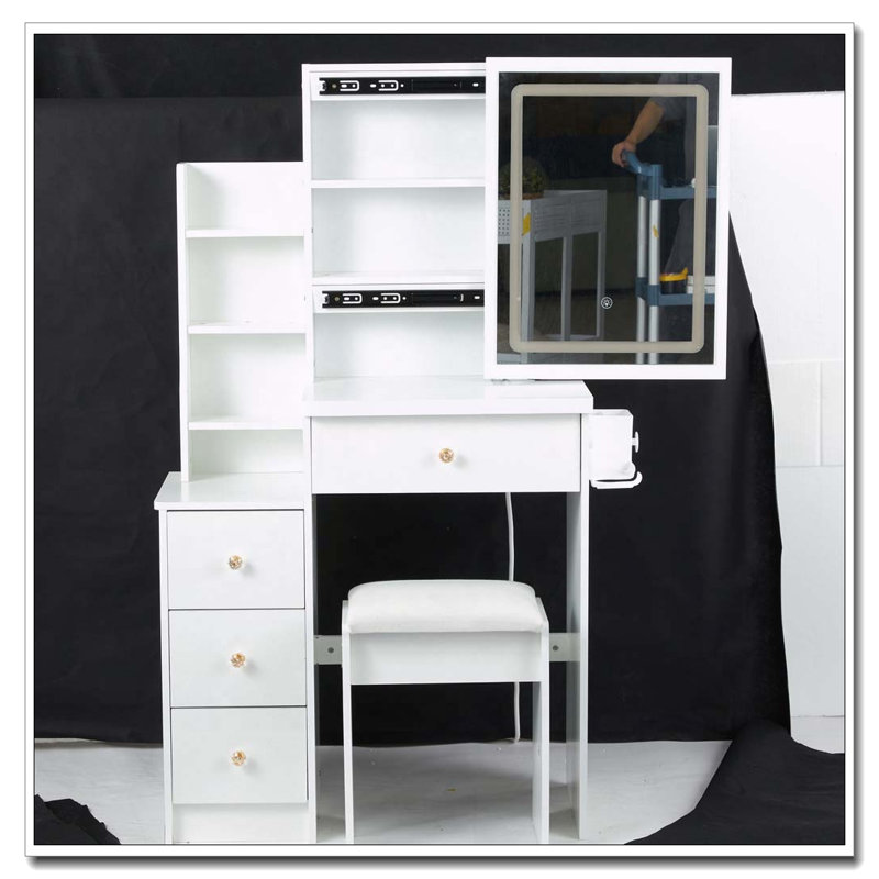29.2" Small Space Vanity Table with LED Mirror, Power Station, Hair Dryer Bracket and Stool