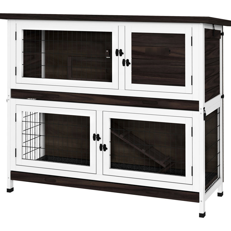 Maison d'extérieur pour 2 lapins, cage en bois de 46 po avec plateaux doubles, rampe, toit en asphalte pour 1 à 2 lapins, technique d'installation simple, brun, méthode d'installation sans 1 - 2,