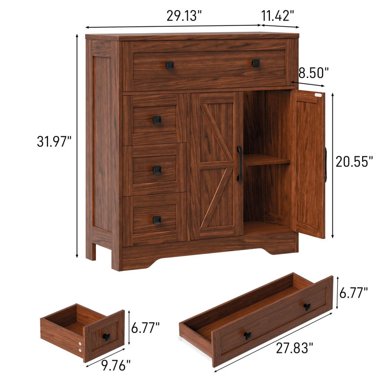 Farmhouse Storage Cabinet With 2 Doors And 4 Drawers, Walnut