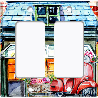 Metal Light Switch Plate Outlet Cover (Coffee Shop Bakery Cafe Front Moped Flower - Double Rocker)