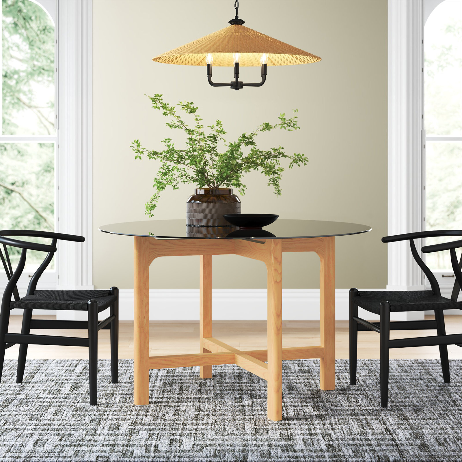 Angelou 48'' Round Dining Table, Black Top/Oak Base