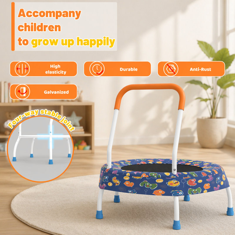 Trampoline 28 po pour tout-petits avec poignée pour enfants 1 an et plus, jouet d'exercice intérieur et extérieur sécuritaire et amusant