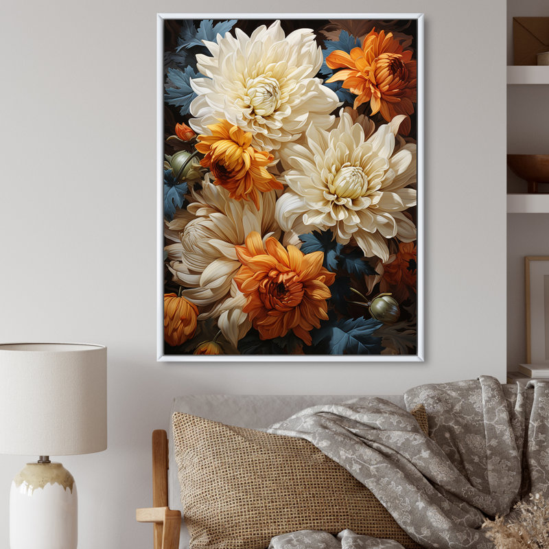 Yilin Chrysanthemums Autumn Gold Showcases - Chrysanthemums Wall Art Decor, H 32 po x l 16 po x P 1 po, Cadre flottant blanc