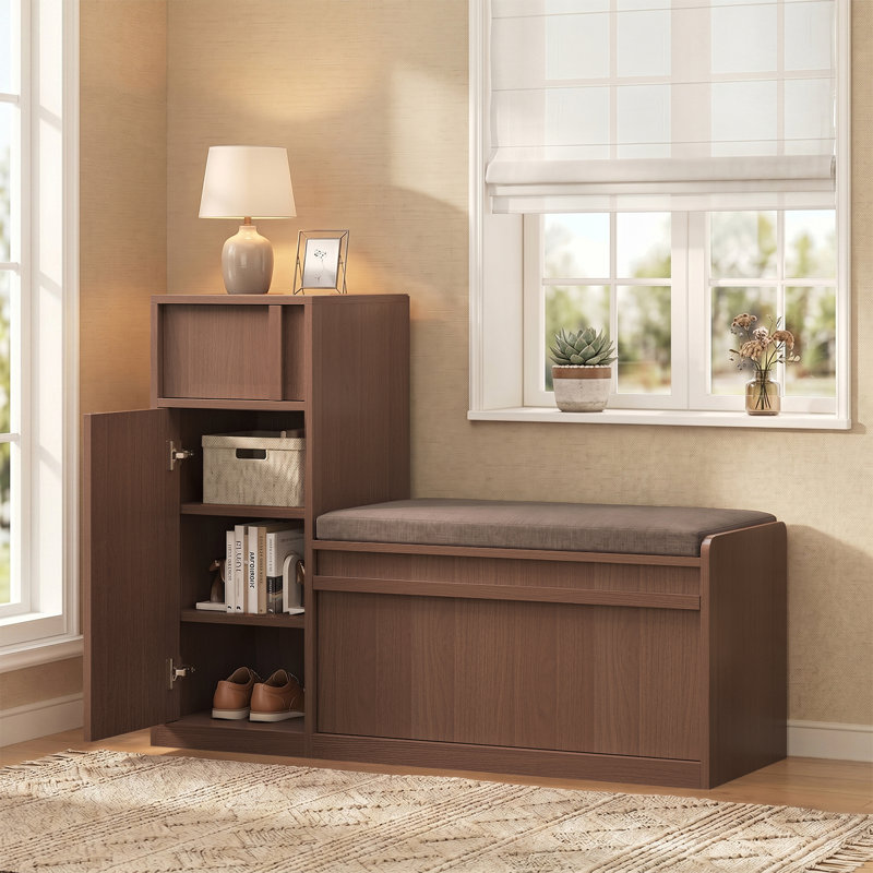 Banc de rangement en L 45,3 po, banc d'entrée avec rangement pour chaussures et coussin, Panneau plat