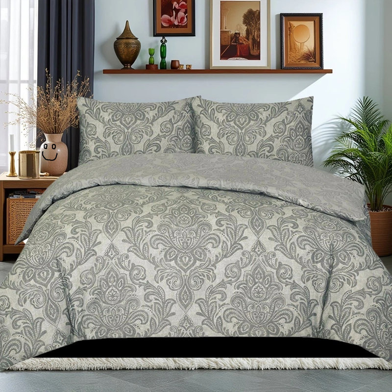 Cotton Damask Duvet Cover Set, King Duvet Cover Set + 3 Additional Pieces, Grey Damask