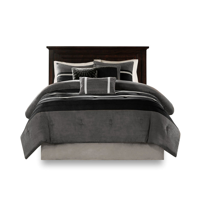 7 Piece Comforter Black Queen, Pieced Suede Luxury Look Queen Bedding , Comfort, Queen Comforter + 6 Additional Pieces, Black