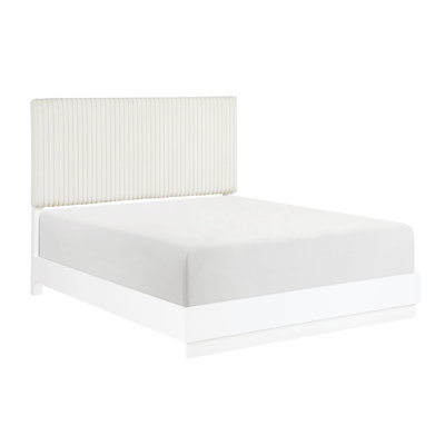 Queen Bed With Faux Fur Upholstered Headboard, Vertical Channel Tufting, Contemporary Bedroom Furniture Modern Cream Solid Wood Construction