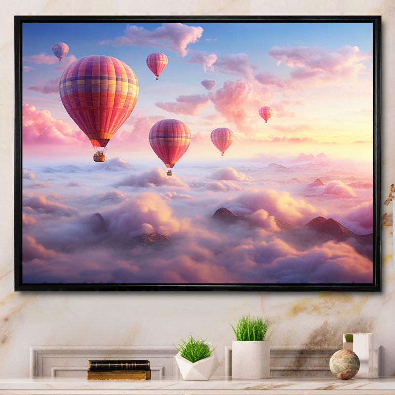 «Pink Hot Air Ballon Ethereal I» sur toile, Cadre flottant noir, H 24 po x l 32 po x P 1 po