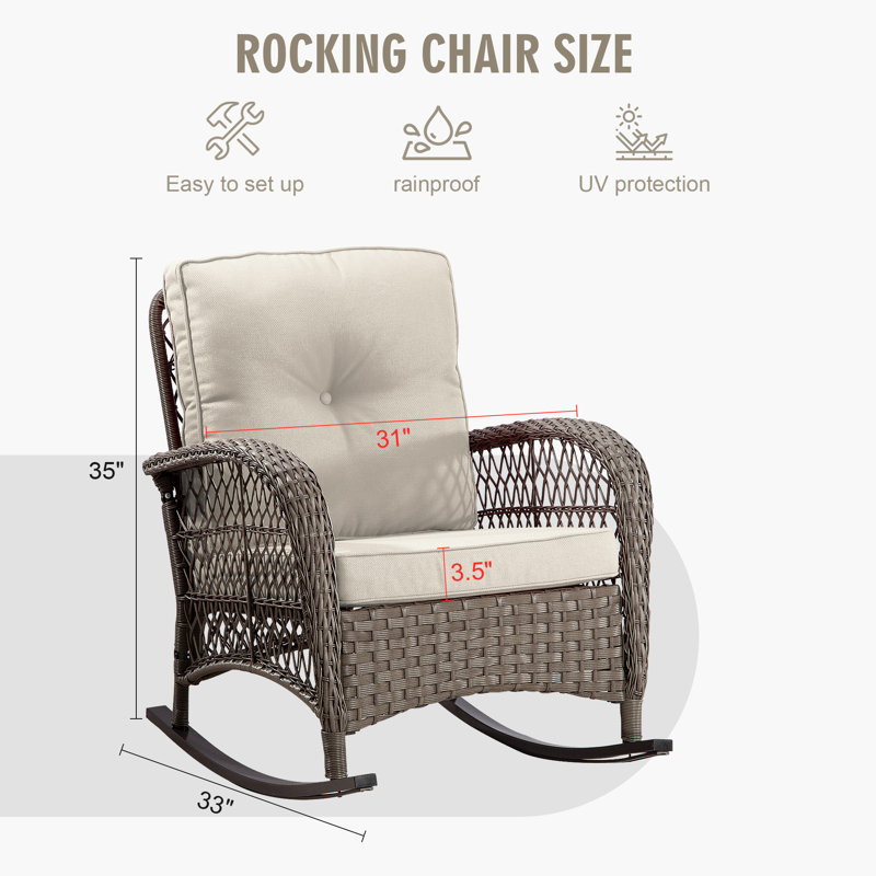 2-Piece Wicker Rocking Chairs Set with Thick Cushions - Patio Furniture for Porch, Backyard or Garden, Beige
