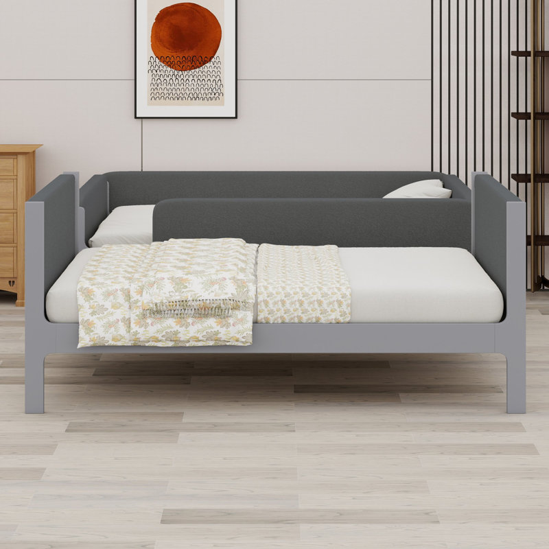 Lit superposé avec tête de lit et pied de lit rembourrés et épais, et barrières de sécurité pour chambres partagées, Grey