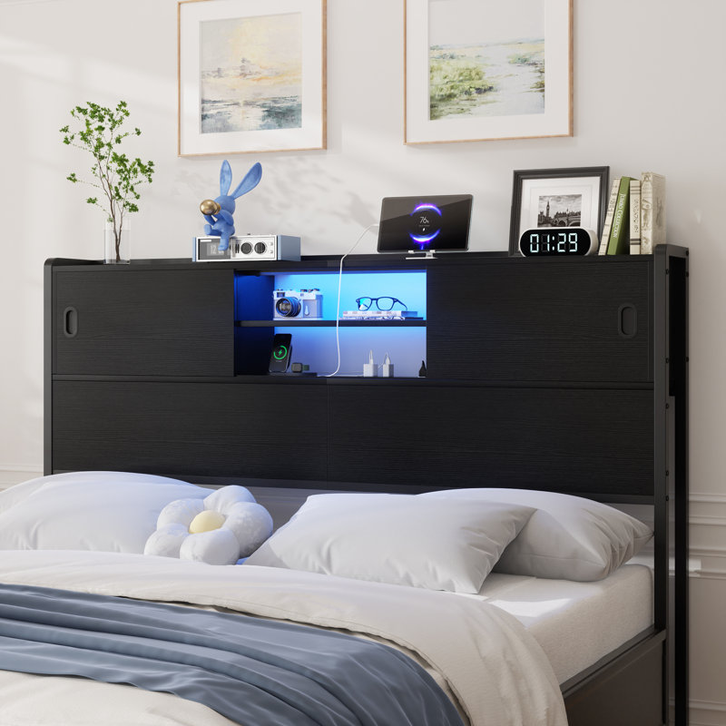 Bookcase Headboard With Sliding Door, LED Light And Charging Station, Queen