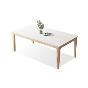 White + Burlywood Rectangular Sintered Stone + Solid Wood Dining Table