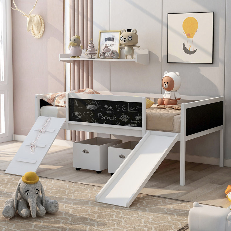Lit mezzanine simple en bois de pin avec glissade, Blanc