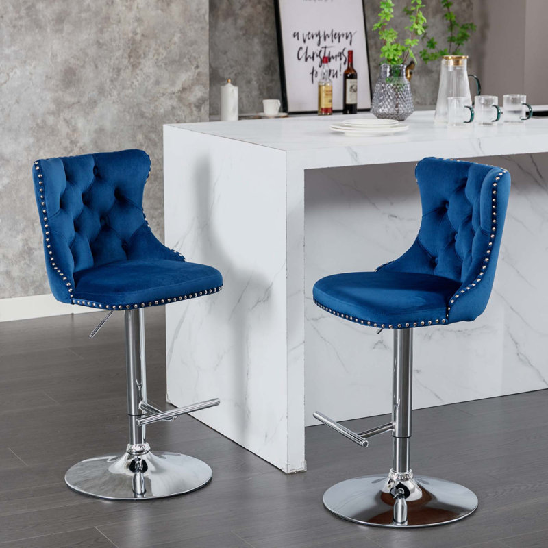 Tabourets de bar pivotants en velours, 2, Argent argent, Bleu