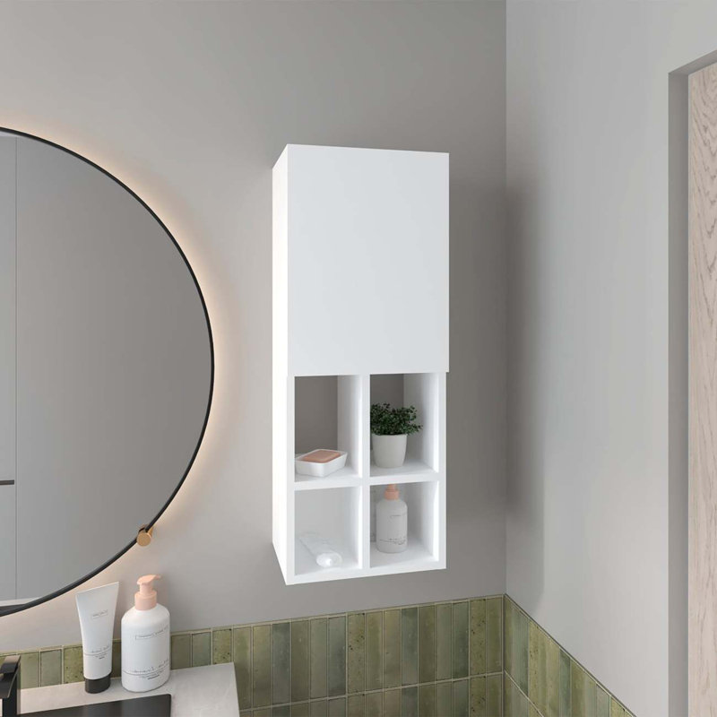 Armoire de salle de bain murale blanche avec porte et 4 tablettes ouvertes blanches