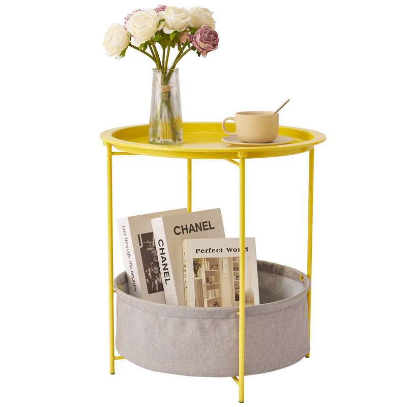 Deeley Small End Table with Storage Bag X-Shaped Cross-Leg Side Table Foldable Tray, Yellow