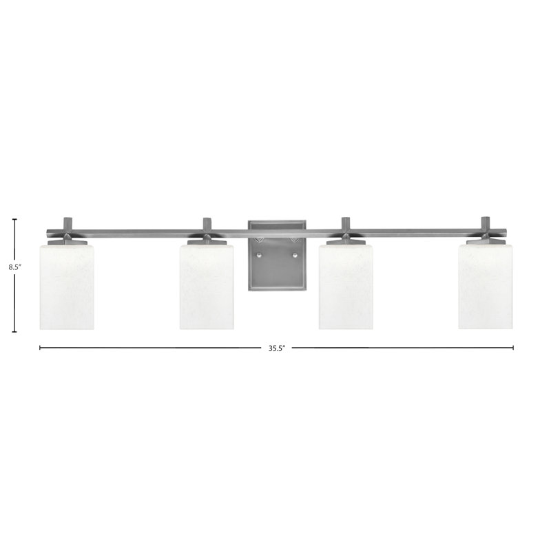 Barre de salle de bain Finola avec verre carré blanc, 4 lumières, Graphite, H 8,5 po x l 35,5 po x P 6 po
